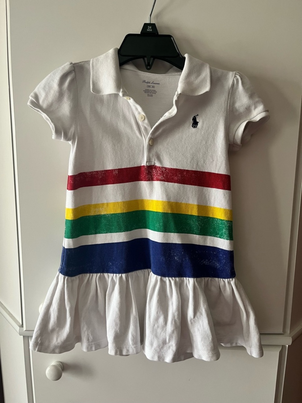 Ralph Lauren White Polo Dress with Red, Yellow, Green, Blue & Navy Stripes